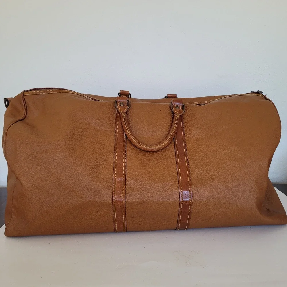 Hunting World Vintage Tan Leather Trim Duffel Bag Travel Weekender Large